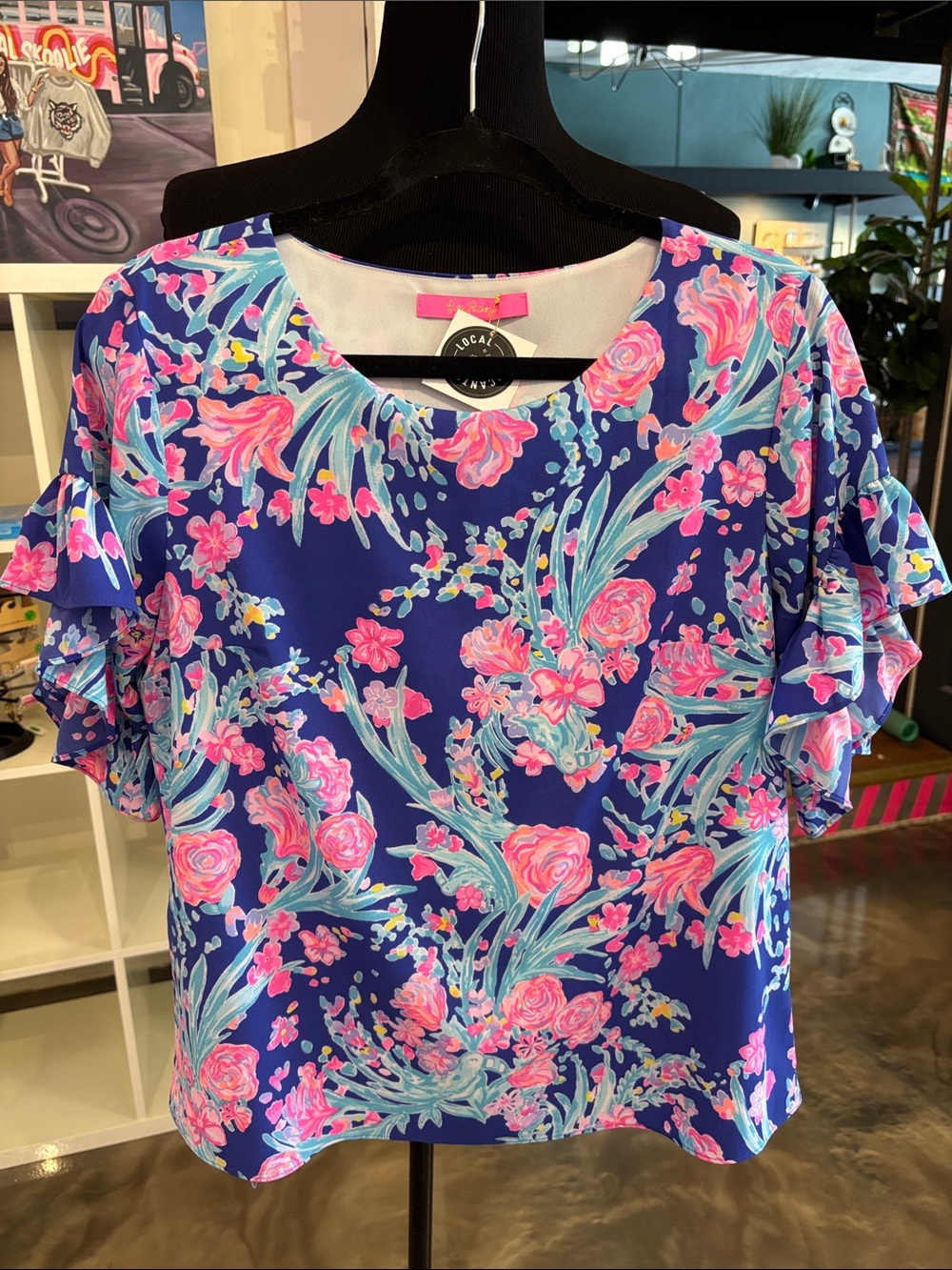 Lilly Pulitzer Navy Floral Ruffle-Sleeve Blouse with Pink & Aqua Accents